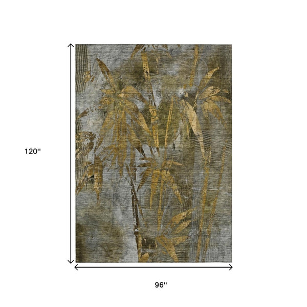 HomeRoots 8' X 10' Stylish Pewter & Gold Botanical Leaves Rug - Washable, Durable for Indoor & Outdoor Use! 639224