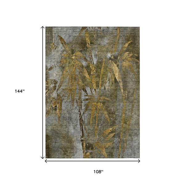 HomeRoots 9' X 12' Elegant Pewter and Gold Botanical Leaves Rug - Washable, Durable for Indoor & Outdoor Use 639225