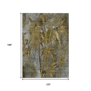 HomeRoots 10' X 14' Washable Pewter & Gold Botanical Leaves Rug - Durable, Stylish for Indoor & Outdoor Spaces 639226