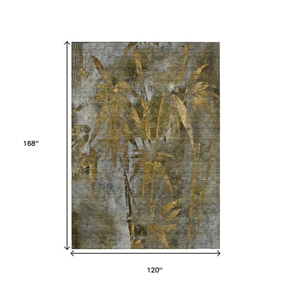 HomeRoots 10' X 14' Washable Pewter & Gold Botanical Leaves Rug - Durable, Stylish for Indoor & Outdoor Spaces 639226