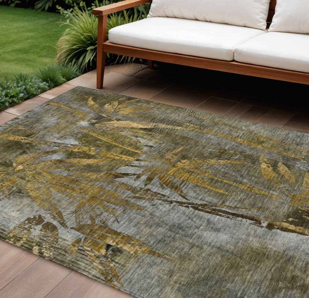 HomeRoots 10' X 14' Washable Pewter & Gold Botanical Leaves Rug - Durable, Stylish for Indoor & Outdoor Spaces 639226