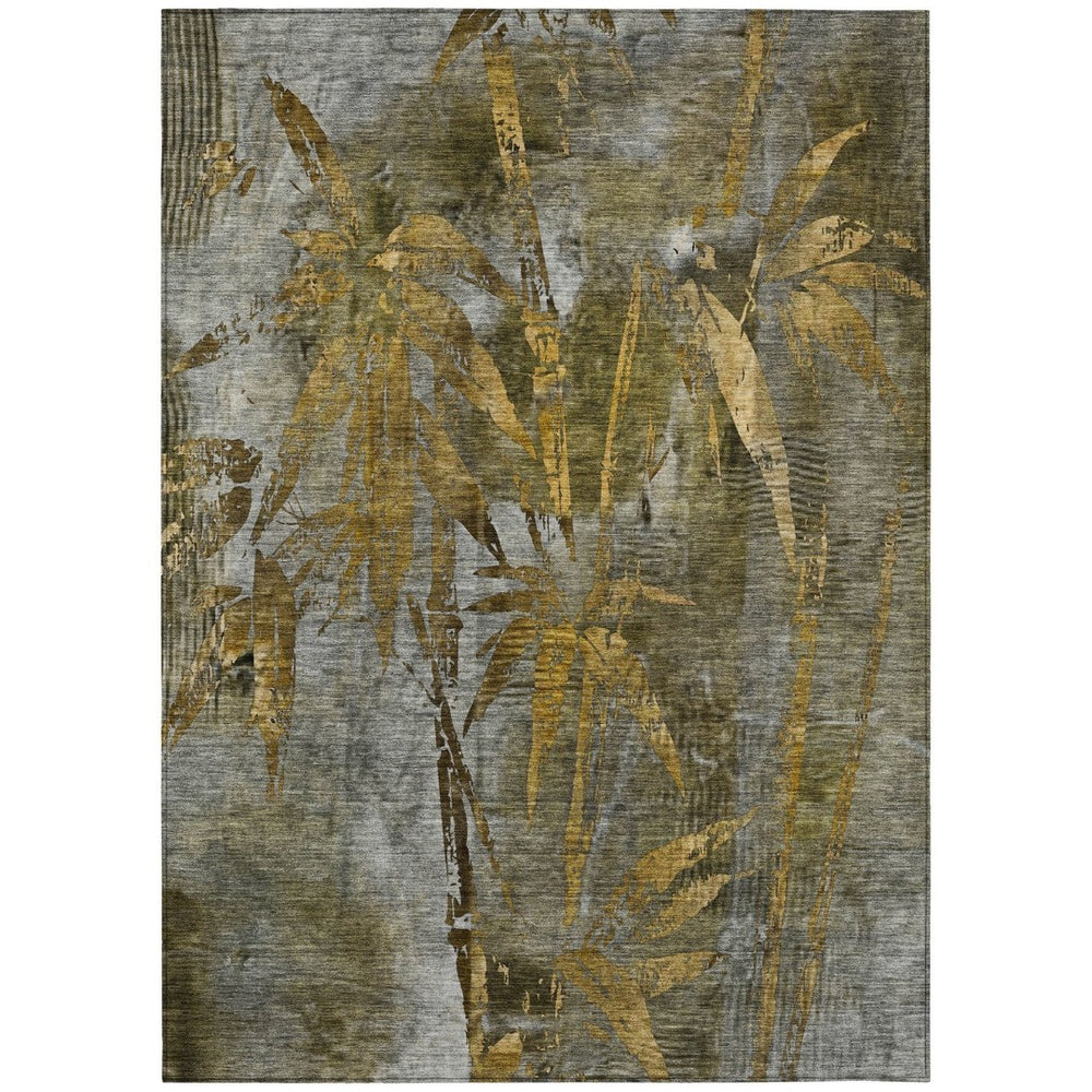 HomeRoots 10' X 14' Washable Pewter & Gold Botanical Leaves Rug - Durable, Stylish for Indoor & Outdoor Spaces 639226