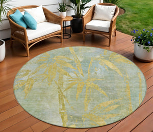 HomeRoots 8' Sage and Gold Round Botanical Leaves Area Rug – Stylish, Washable, Ideal for Indoor & Outdoor Use 639229