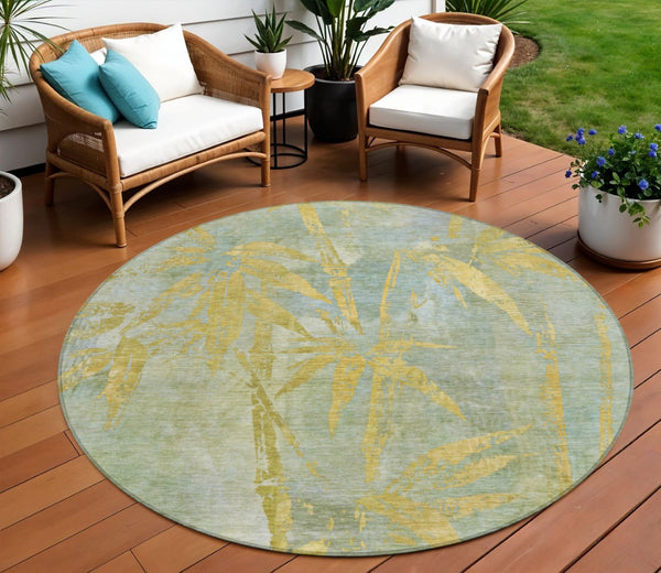 HomeRoots 8' Sage and Gold Round Botanical Leaves Area Rug – Stylish, Washable, Ideal for Indoor & Outdoor Use 639229