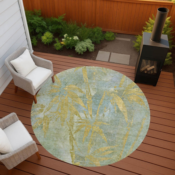 HomeRoots 8' Sage and Gold Round Botanical Leaves Area Rug – Stylish, Washable, Ideal for Indoor & Outdoor Use 639229