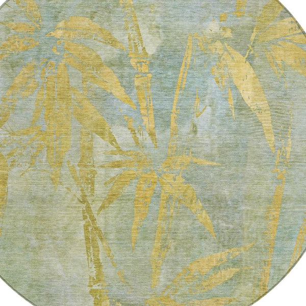 HomeRoots 8' Sage and Gold Round Botanical Leaves Area Rug – Stylish, Washable, Ideal for Indoor & Outdoor Use 639229