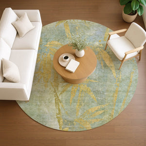 HomeRoots 8' Sage and Gold Round Botanical Leaves Area Rug – Stylish, Washable, Ideal for Indoor & Outdoor Use 639229