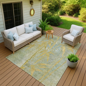 HomeRoots 8' X 10' Sage and Gold Botanical Leaves Rug - Durable, Washable, Perfect for Indoor or Outdoor Spaces 639230