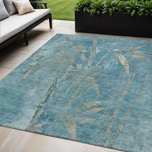HomeRoots 5' X 8' Versatile Pale Aqua & Beige Botanical Leaves Rug - Washable, Durable, Indoor/Outdoor Use! 639234
