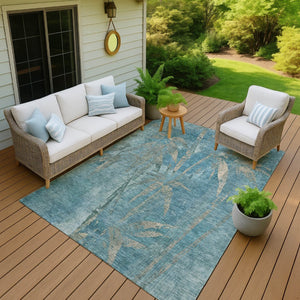 HomeRoots 5' X 8' Versatile Pale Aqua & Beige Botanical Leaves Rug - Washable, Durable, Indoor/Outdoor Use! 639234