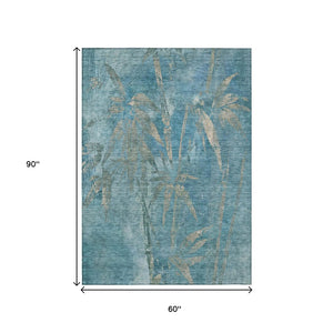 HomeRoots 5' X 8' Versatile Pale Aqua & Beige Botanical Leaves Rug - Washable, Durable, Indoor/Outdoor Use! 639234