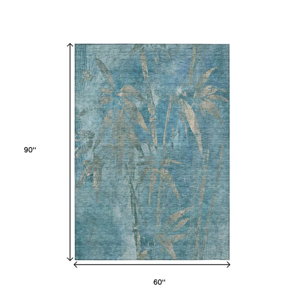 HomeRoots 5' X 8' Versatile Pale Aqua & Beige Botanical Leaves Rug - Washable, Durable, Indoor/Outdoor Use! 639234