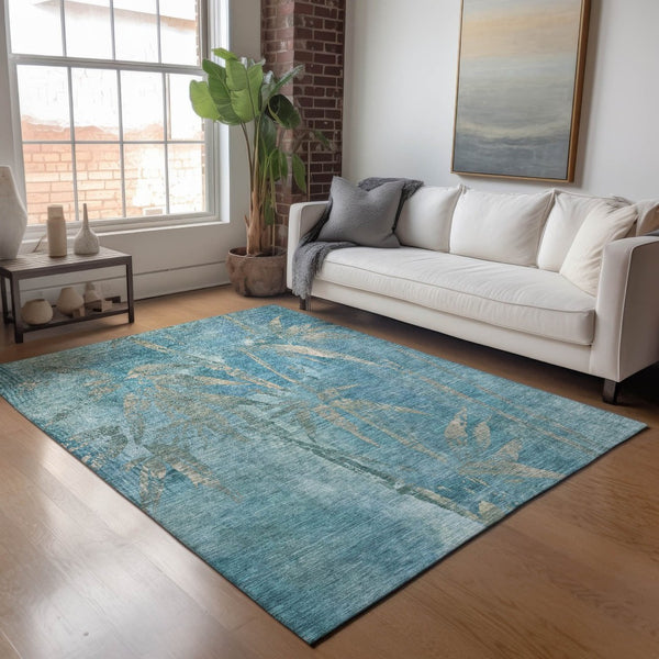 HomeRoots 5' X 8' Versatile Pale Aqua & Beige Botanical Leaves Rug - Washable, Durable, Indoor/Outdoor Use! 639234