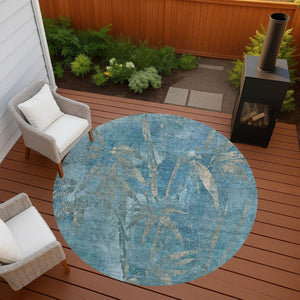 HomeRoots 8' Pale Aqua Beige Round Area Rug - Washable Botanical Leaves Design for Indoor & Outdoor Spaces 639235