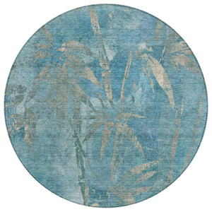 HomeRoots 8' Pale Aqua Beige Round Area Rug - Washable Botanical Leaves Design for Indoor & Outdoor Spaces 639235