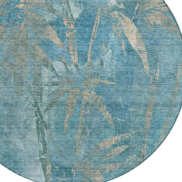 HomeRoots 8' Pale Aqua Beige Round Area Rug - Washable Botanical Leaves Design for Indoor & Outdoor Spaces 639235
