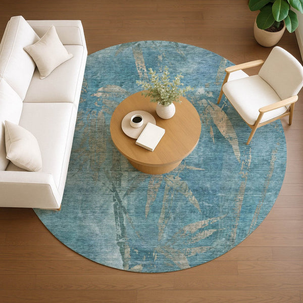 HomeRoots 8' Pale Aqua Beige Round Area Rug - Washable Botanical Leaves Design for Indoor & Outdoor Spaces 639235