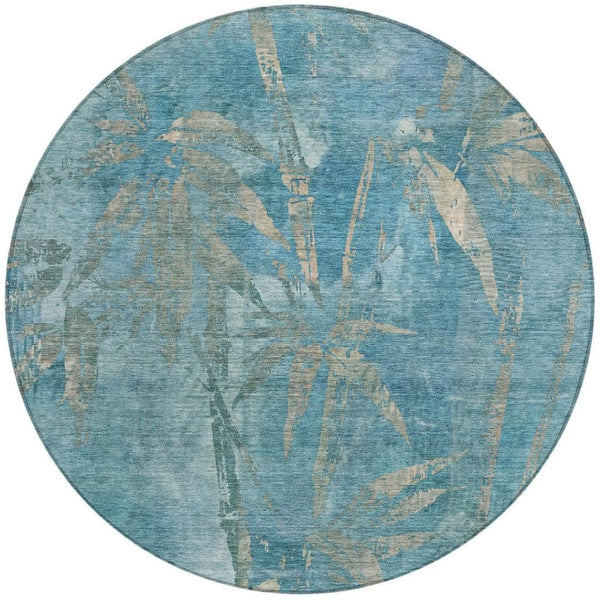 HomeRoots 8' Pale Aqua Beige Round Area Rug - Washable Botanical Leaves Design for Indoor & Outdoor Spaces 639235