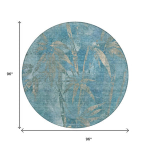 HomeRoots 8' Pale Aqua Beige Round Area Rug - Washable Botanical Leaves Design for Indoor & Outdoor Spaces 639235