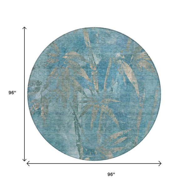 HomeRoots 8' Pale Aqua Beige Round Area Rug - Washable Botanical Leaves Design for Indoor & Outdoor Spaces 639235