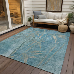 HomeRoots 9' X 12' Pale Aqua and Beige Botanical Leaves Area Rug - Durable, Washable, Indoor/Outdoor Comfort! 639237