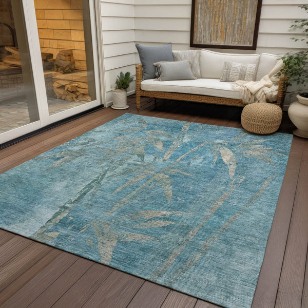 HomeRoots 9' X 12' Pale Aqua and Beige Botanical Leaves Area Rug - Durable, Washable, Indoor/Outdoor Comfort! 639237