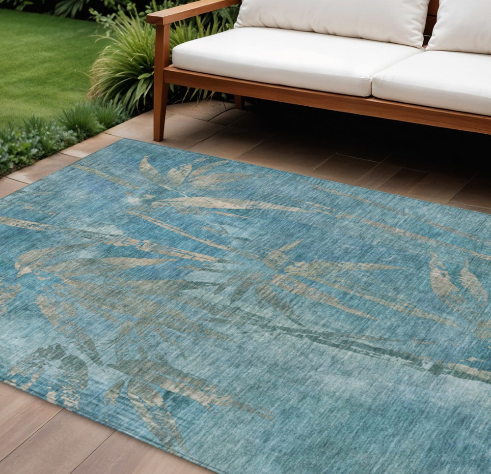 HomeRoots 10' X 14' Washable Pale Aqua & Beige Botanical Leaves Rug - Stylish Indoor/Outdoor Essential! 639238