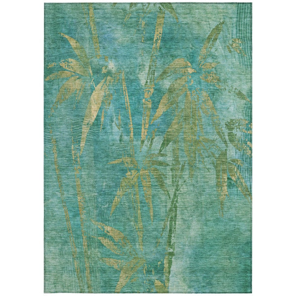 HomeRoots 5' X 8' Teal Blue Gold Botanical Leaves Rug - Stylish, Durable, Machine Washable for Indoor/Outdoor Use 639240