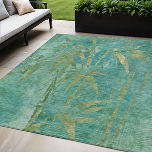 HomeRoots 5' X 8' Teal Blue Gold Botanical Leaves Rug - Stylish, Durable, Machine Washable for Indoor/Outdoor Use 639240