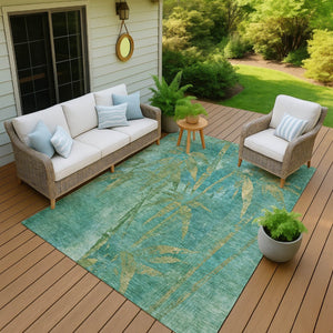 HomeRoots 5' X 8' Teal Blue Gold Botanical Leaves Rug - Stylish, Durable, Machine Washable for Indoor/Outdoor Use 639240