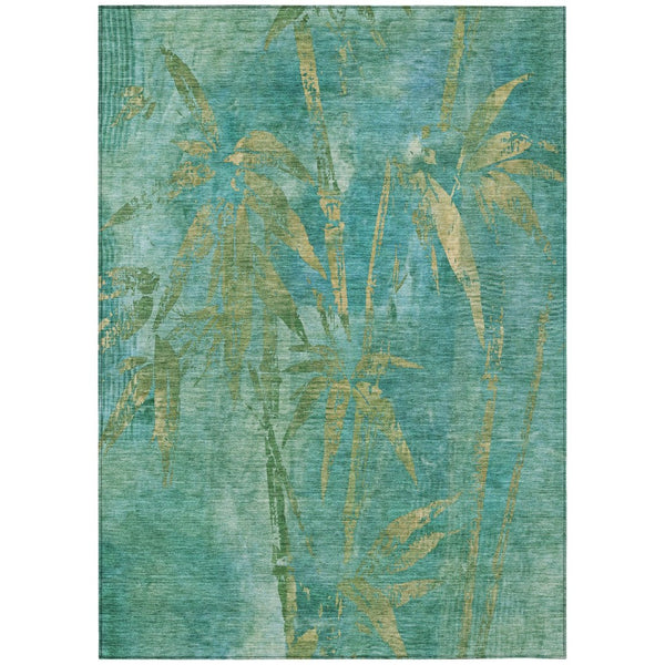 HomeRoots 5' X 8' Teal Blue Gold Botanical Leaves Rug - Stylish, Durable, Machine Washable for Indoor/Outdoor Use 639240