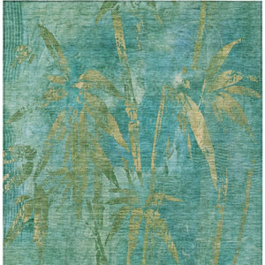 HomeRoots 5' X 8' Teal Blue Gold Botanical Leaves Rug - Stylish, Durable, Machine Washable for Indoor/Outdoor Use 639240