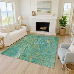 HomeRoots 5' X 8' Teal Blue Gold Botanical Leaves Rug - Stylish, Durable, Machine Washable for Indoor/Outdoor Use 639240