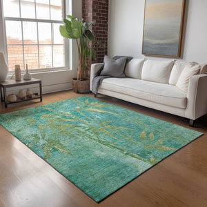 HomeRoots 5' X 8' Teal Blue Gold Botanical Leaves Rug - Stylish, Durable, Machine Washable for Indoor/Outdoor Use 639240