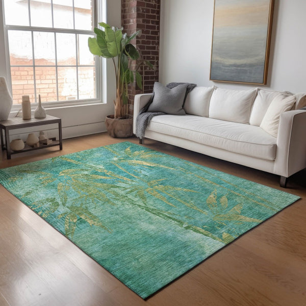 HomeRoots 5' X 8' Teal Blue Gold Botanical Leaves Rug - Stylish, Durable, Machine Washable for Indoor/Outdoor Use 639240