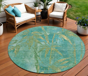 HomeRoots 8' Teal Blue and Gold Round Botanical Leaves Rug - Durable, Washable for Indoor & Outdoor Use! 639241