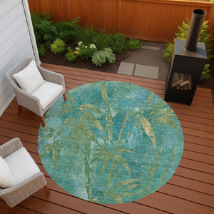 HomeRoots 8' Teal Blue and Gold Round Botanical Leaves Rug - Durable, Washable for Indoor & Outdoor Use! 639241