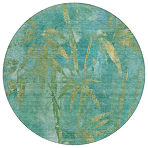 HomeRoots 8' Teal Blue and Gold Round Botanical Leaves Rug - Durable, Washable for Indoor & Outdoor Use! 639241