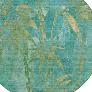 HomeRoots 8' Teal Blue and Gold Round Botanical Leaves Rug - Durable, Washable for Indoor & Outdoor Use! 639241