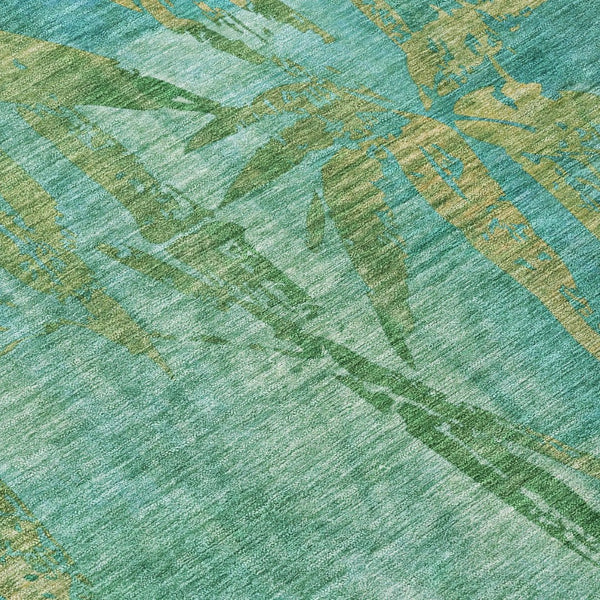HomeRoots 8' Teal Blue and Gold Round Botanical Leaves Rug - Durable, Washable for Indoor & Outdoor Use! 639241