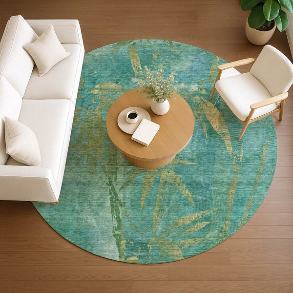 HomeRoots 8' Teal Blue and Gold Round Botanical Leaves Rug - Durable, Washable for Indoor & Outdoor Use! 639241
