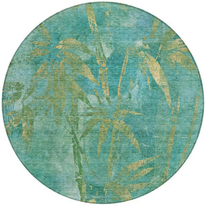 HomeRoots 8' Teal Blue and Gold Round Botanical Leaves Rug - Durable, Washable for Indoor & Outdoor Use! 639241