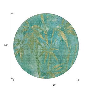 HomeRoots 8' Teal Blue and Gold Round Botanical Leaves Rug - Durable, Washable for Indoor & Outdoor Use! 639241