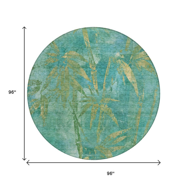 HomeRoots 8' Teal Blue and Gold Round Botanical Leaves Rug - Durable, Washable for Indoor & Outdoor Use! 639241