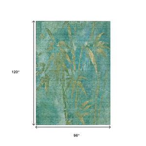 HomeRoots 8' x 10' Teal Blue & Gold Botanical Leaves Indoor/Outdoor Area Rug – Durable, Washable & Stylish! 639242
