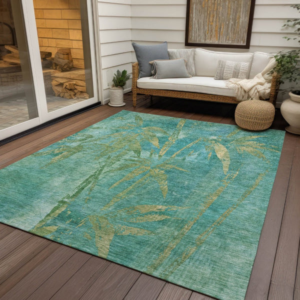 HomeRoots 8' x 10' Teal Blue & Gold Botanical Leaves Indoor/Outdoor Area Rug – Durable, Washable & Stylish! 639242