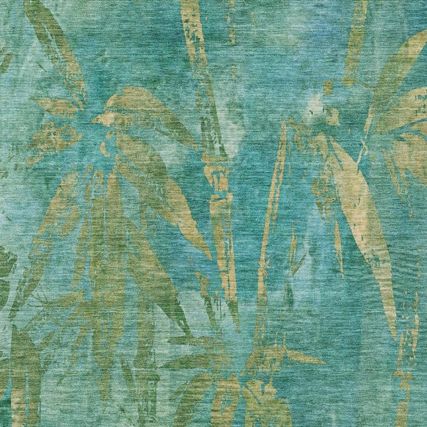 HomeRoots 9' X 12' Teal Blue & Gold Botanical Leaves Rug – Stylish, Washable Area Rug for Indoor & Outdoor Use 639243