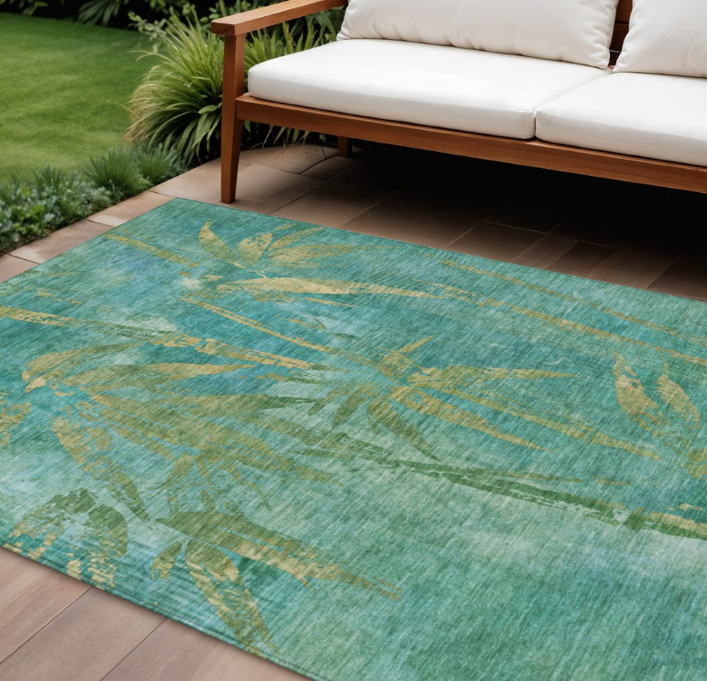 HomeRoots 10' X 14' Teal Blue & Gold Botanical Leaves Rug - Durable, Washable for Indoor/Outdoor Use, Easy Care! 639244