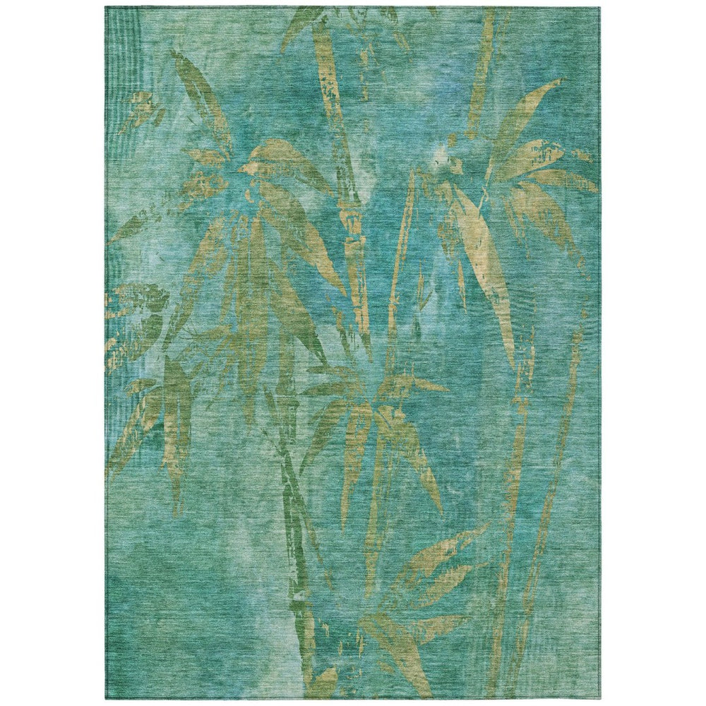 HomeRoots 10' X 14' Teal Blue & Gold Botanical Leaves Rug - Durable, Washable for Indoor/Outdoor Use, Easy Care! 639244