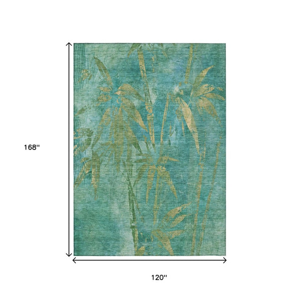 HomeRoots 10' X 14' Teal Blue & Gold Botanical Leaves Rug - Durable, Washable for Indoor/Outdoor Use, Easy Care! 639244